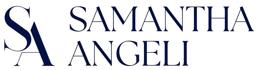 Samantha Angeli navy blue logo with SA monogram on a transparent background.